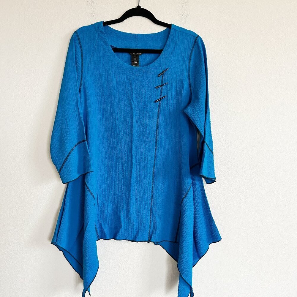 Ali Miles Shirt Blue Crinkle Sharkbite Tunic Top 3/4 Sleeve Lagenlook